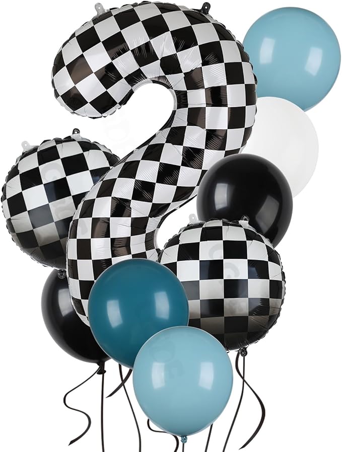 Race Car Balloon Bundle Blue Black 40 Inch Checkered Number Balloon 2 Black and White Race Car Latex Balloon Boy Two Fast Race Car 2nd Birthday Race Car Theme Party Decor Supplies 21 Pcs Kit