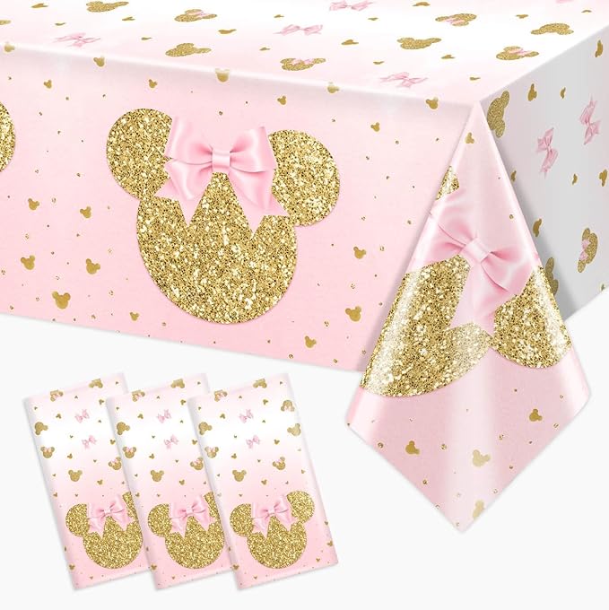 3 Pieces Pink Mouse Birthday Tablecover Gold Mouse Head Cartoon Plastic Party Tablecloth Disposable Table Decoration for Kids Girls