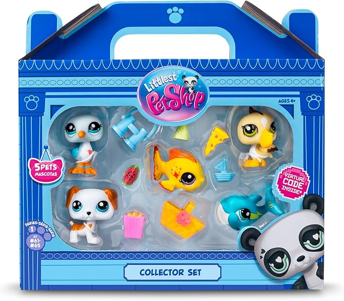 BANDAI Littlest Pet Shop Collectors 5 Pack Beach Besties, The Pack Contains 5 LPS Mini Pet Toys 7 Accessories 1 Collector Card and 1 Virtual Code, Collectable Toys for Girls and Boys