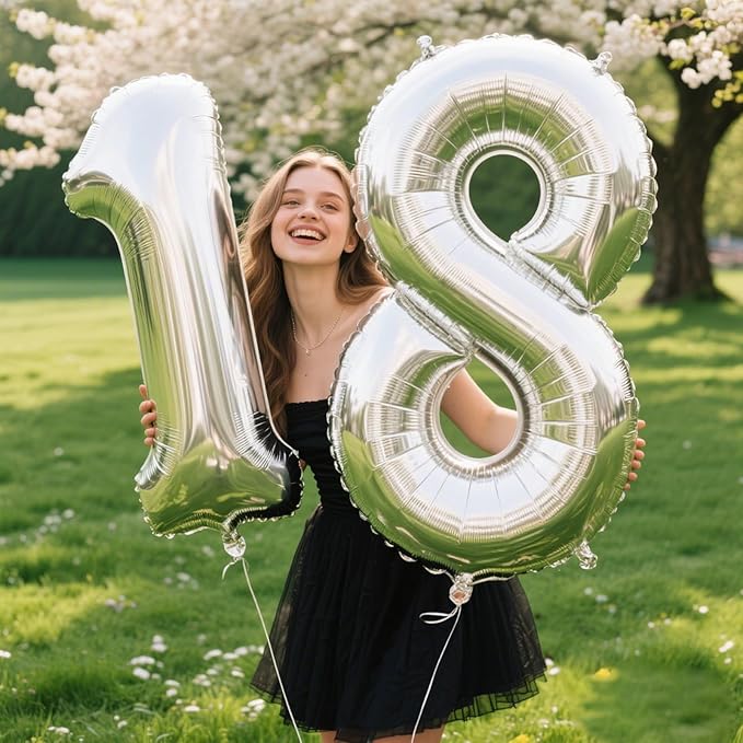 40 Inch Silver Number 18 Digital Balloon,Jumbo Mylar Foil Helium Balloon for 18 Balloons for Birthday Party,Wedding Anniversary Party Decorations