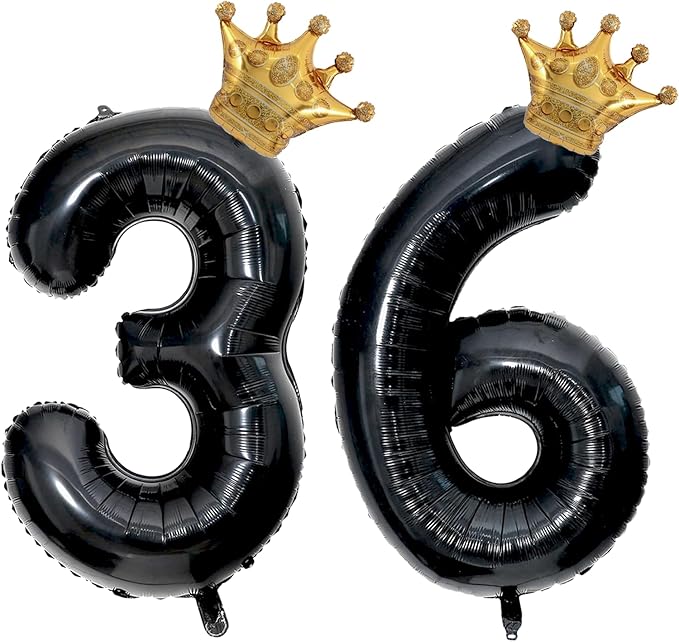 40 inch Large Black 36 Balloon Number with Gold Crown Balloons 36th Birthday Big Foil Mylar Helium Balloon for Boys Girls 36th Birthday Anniversary Decorations Supplies Favors(Number 36 Balloons）