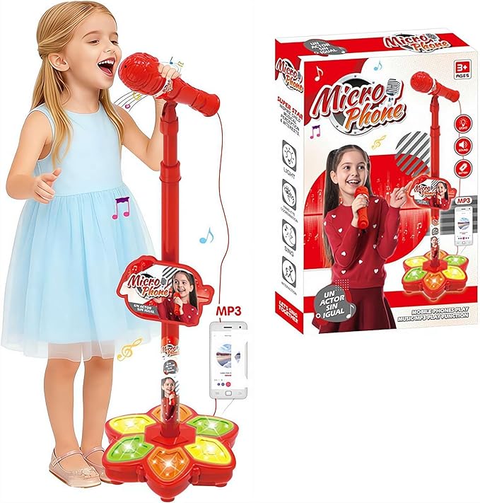 Adjustable Kids Karaoke Microphone with Stand, Extends up to 39.4” Height, Detachable Handheld Mic with LED Light Base & Type-C Adapter, Compatible with Android/iOS/PC for Singing & Parties