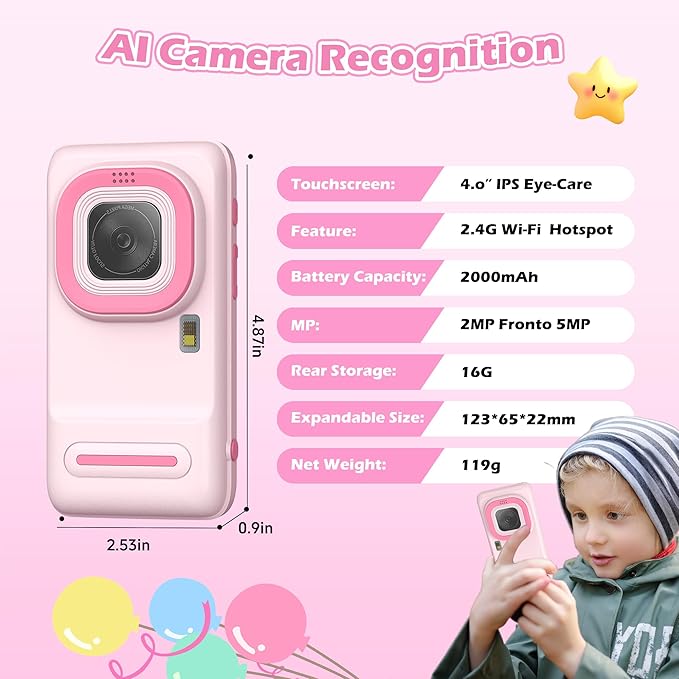AI Kids Camera for 3–11 Year Old Boys and Girls, AI Learning Digital Video Camera with with Object Recognition, Best Birthday, WiFi Kids Toy Camera 16GB (Pink)
