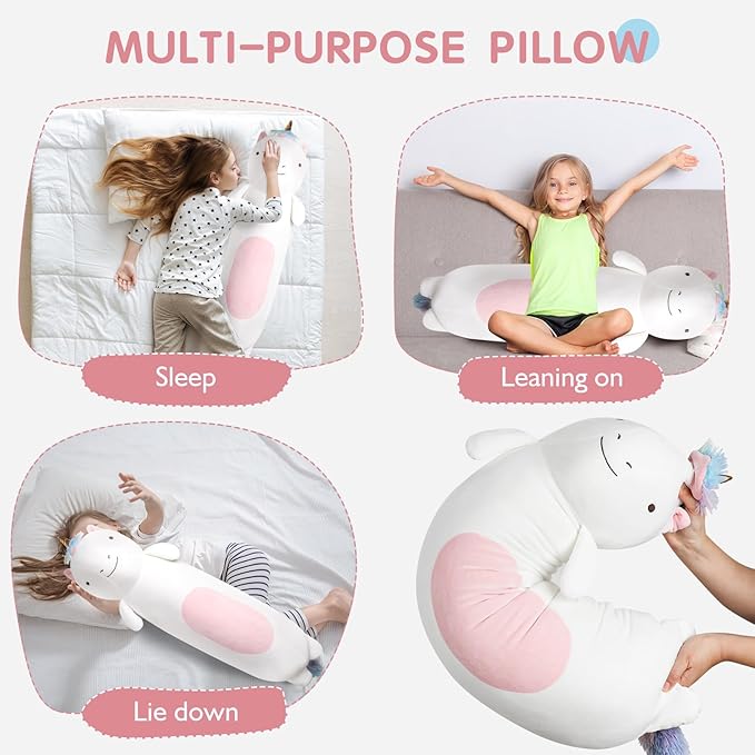 44” Long Unicorn Plush Body Pillow, Giant Cute Colorful Unicorn Stuffed Animals, Large Unicorn Squishy Soft Big Plushies Toy, Gifts for Kids Girls and Boys, Birthdays ﻿