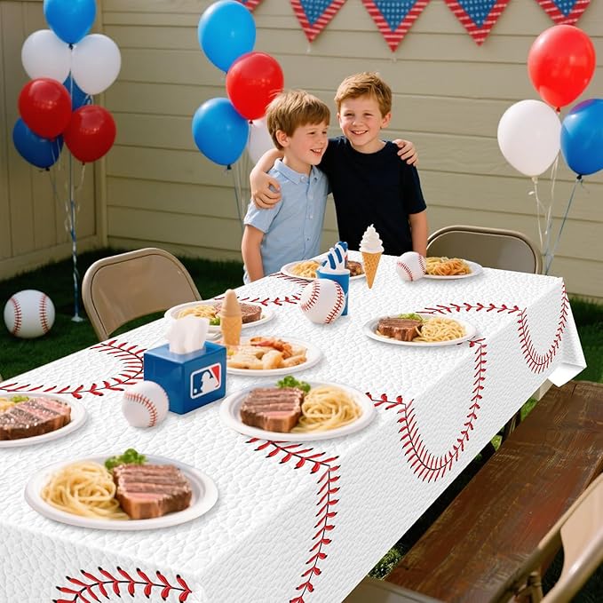 Baseball Tablecloth - Baseball Pattern Table Covers Plastic Waterproof Decorations for Game Day Sports Theme Party Supplies, 4 Pack, 51'' x 86''