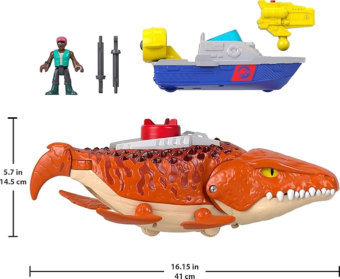 Fisher-Price Imaginext Jurassic World Rebirth Aquachomp Chase Mosasaurus 18-inch Dinosaur Toy with 3-inch Action Figure, Launcher Boat & 2 Projectiles