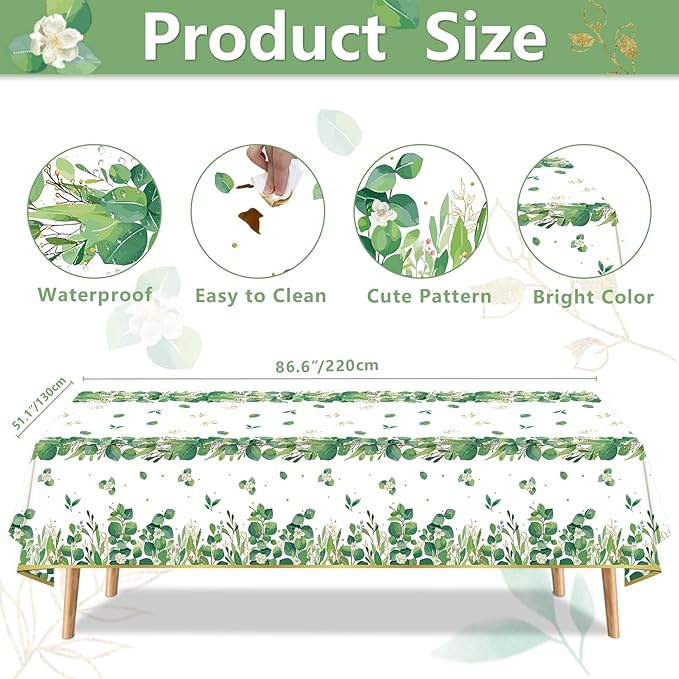 4 Pack Sage Green Eucalyptus Leaf Tablecover Sage Greenery Tablecloth Plastic Green Leaves Rectangular Greenery Table Cloths for Neutral Baby Shower Birthday Jungle Wedding Party Supplies 86 x 51 IN