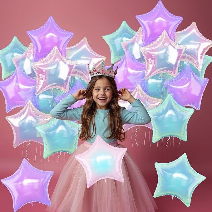 Iridescent Star Balloons, 9Pcs 18Inch Transparent Crystal Star Foil Balloon, Gradient Iridescent Pink Purple Green Pentagram Balloon for Princess Birthday Wedding Easter Party Decoration Mermaid Theme