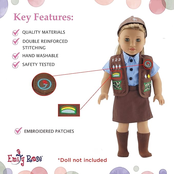 Emily Rose 18 Inch Doll Clothes 4-PC Girl Scout Brownie Uniform with Embroidered Patches | Officially Licensed by Girl Scouts of The USA | 18" Doll Accessories Halloween Costume | USA Business