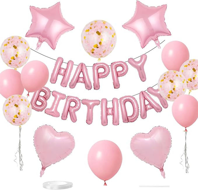 27 Pcs Pink Birthday Decorations, 3D Foil Pink Happy Birthday Balloon Banner, Pentagram Heart Foil Balloons Confetti Balloons Kit For Boys Girls Birthday Party Supplies