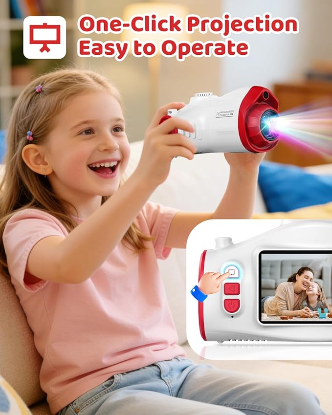 3 in 1 Kids Camera with Projector, 1080P Digital Video Camcorder, 48MP Photo Camera, Portable Toddler Camera Christmas Birthday Travel Gift Toy for Boys Girls Age 3 4 5 6 7 8 9 10 11 12, White