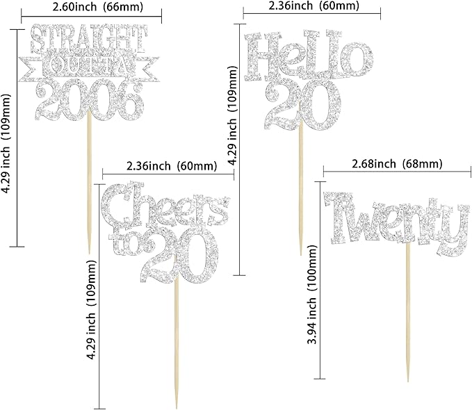 Ephlyn 24Pcs Happy 20th Birthday Cupcake Toppers Glitter Straight Outta 2006 Cupcake Picks Hello 20 Cheers to 20 Years Cake Decorations for 20th Birthday Anniversary Party Decorations Supplies Silver