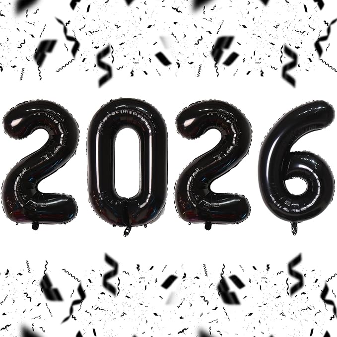 KALOR 16 Inch 2026 Black Foil Number Balloons, 2026 New Years Decorations for 2026 Happy New Year Eve and Graduations Party Supplies