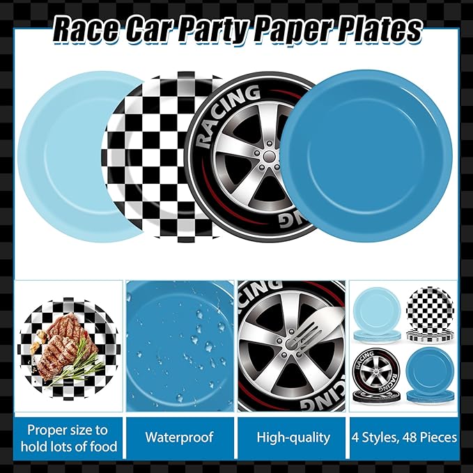 CHUNNIN 48Pcs Race Car Birthday Party Paper Plates for Theme Party Supplies 7" Black White Fast Paper Plates Blue Racing Car Disposable Tableware for Kids Boys Birthday Baby Shower Decorations