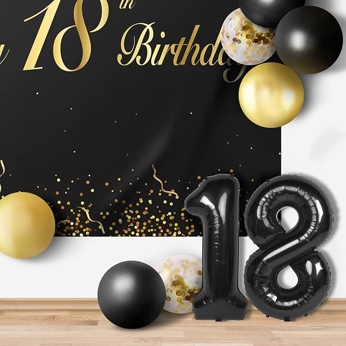 Happy 18th Birthday Balloons Black Set Decor - Cheers to 18 Years Old Party Theme Garland Banner Backdrop Decorations For Women and Men Supplies