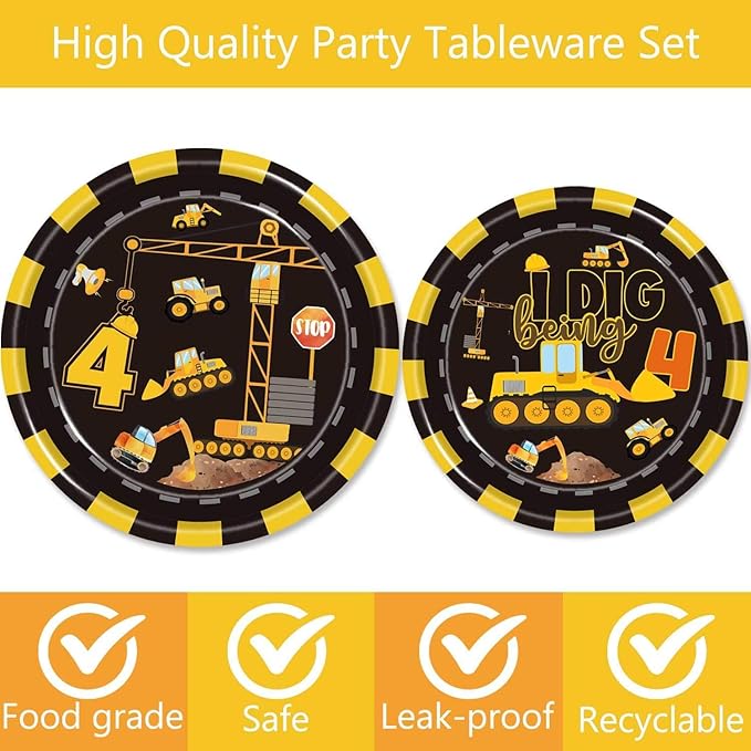 132 Pcs Construction 4th Birthday Party Supplies Dump Truck Theme Four Tableware Includes Hanging Swirl, Banner, Plates, Cups, Tablecloth for Boys Construction Four Years Old Bday Party Decorations