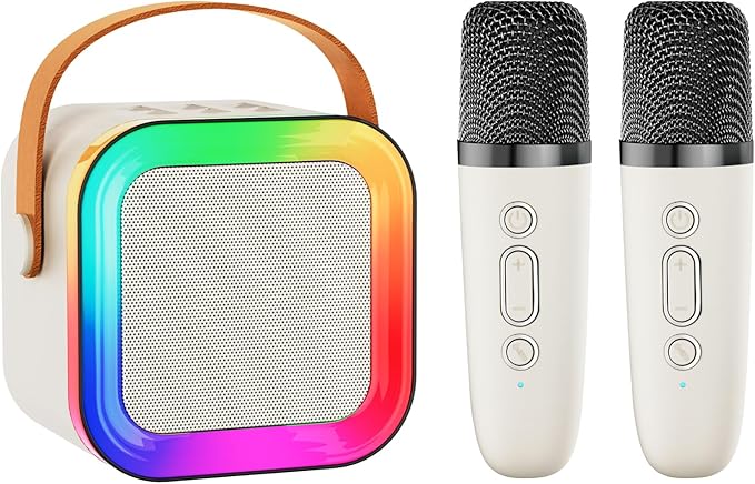 Mini Karaoke Machine Speaker for Kids Adults,Portable Bluetooth with 2 Wireless Microphones,Christmas Birthday Gifts Toys Girls Boys Ages 4, 5, 6,7, 8,9,10,11,12+ Years Old Toddler (Off-White - 2 Mic)