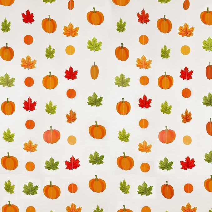 MARFOREVER 41 Ft Thanksgiving Maple Leaf Pumpkin Paper Garland, Fall Party Hanging Decorations Autumn Hanging Swirl Streamers for Fall Harvest Thanksgiving Baby Shower Home Ceiling Decorations