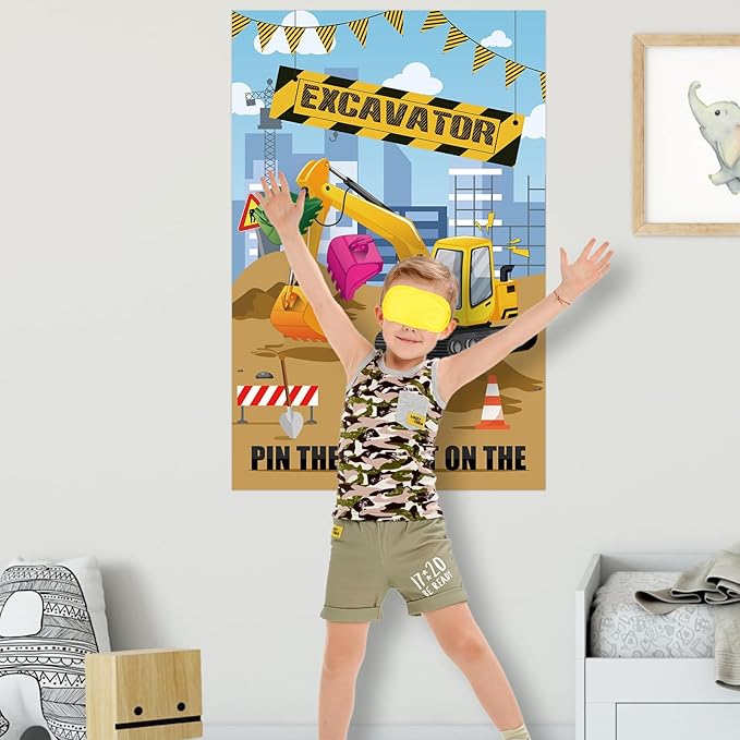 Hxezoc Pin The Bucket on The Excavator Game With 32 Pcs Buckets Large Construction Party Games Poster for Kids Birthday Party Construction Party Supplies