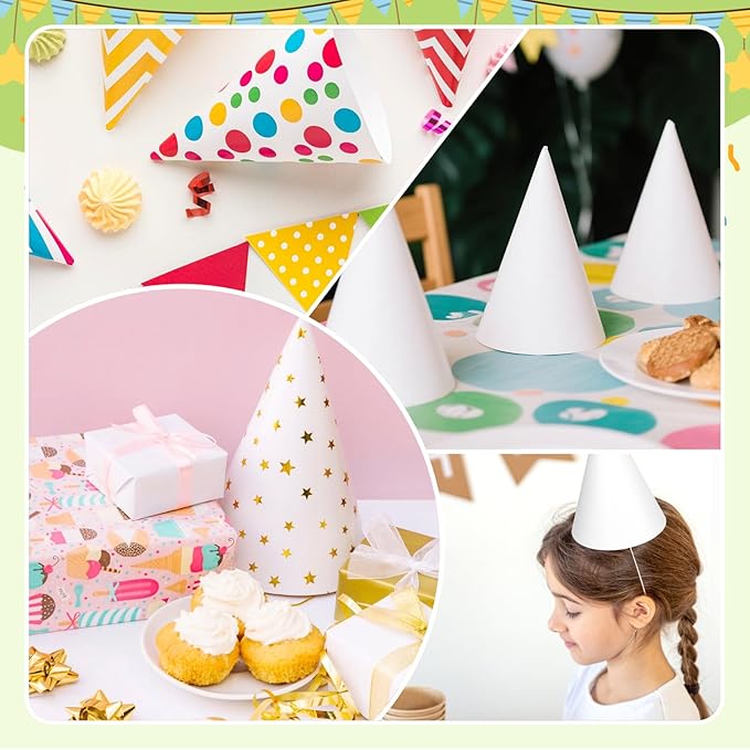 White Paper Party Hats for Kids Birthday,Decorative Bulk Cone Crafts for Adults Art DIY, Halloween Supplies（20/40/60）