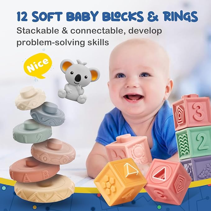 Montessori Baby Toys 3-in-1 Set for Sensory Development, Teething Toys, and Early Education - Gift for Toddler Baby 0-3-6-12-18 Months