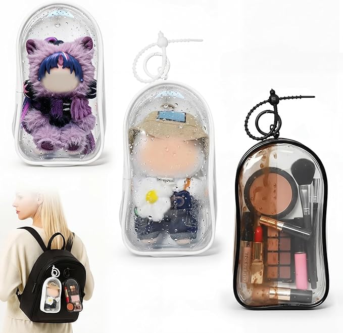 3Pcs Clear Display Case for 17/15cm Plush Doll -Portable Bag with Keychain, Waterand Dust-Resistant,Protective Cover for Collectible Toys,Jewelry,Cosmetics,Ornaments,Data Line (White+Black+Clear)