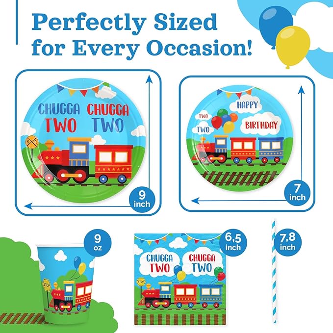 Chugga Chugga Two Two Birthday Party Decorations, 120Pcs Train Themed Party Supplies Transportation Disposable Tableware Includes Paper Plates, Napkins, Cups and Straws | Serves 24
