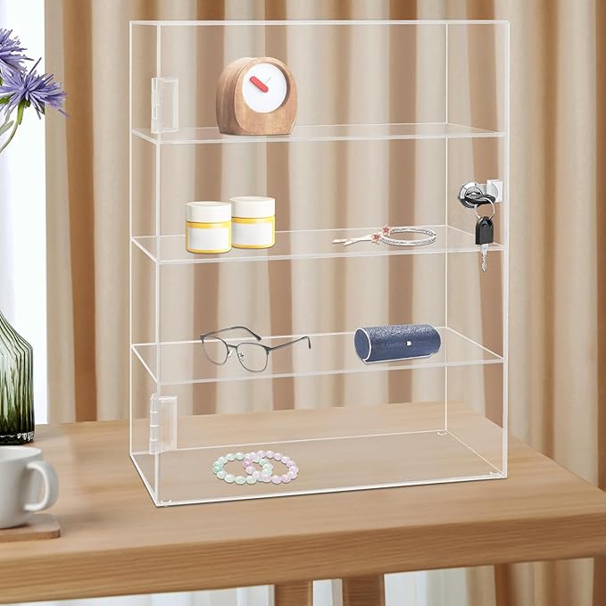 Clear Acrylic Display Case,4 Layer Transparent Countertop Showcase,Protection Showcase with Lock for Toy Collectibles Office Retail Store Safe Storage Sunglasses Toys (11.81*5.9*15.75 Inch)
