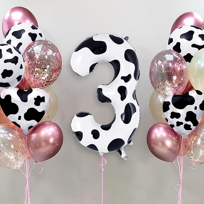 Cow Print Number 3 Balloon, Large 40 Inch Cow Number Birthday Balloons, Foil Mylar Number 3 Balloons for 3 Year Old Birthday Party Decorations Supplies Animal Farm Cowboy Cowgirl Themed Party