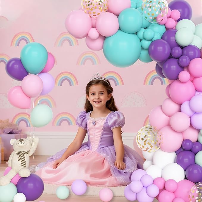 Amandir 153 Pcs Pink Purple Balloons Arch Garland Kit, Different Sizes 18 12 10 5 inch Purple Blue Pink Gold Confetti Pastel Balloon for Wedding Shower Princess Birthday Party Decorations Supplies