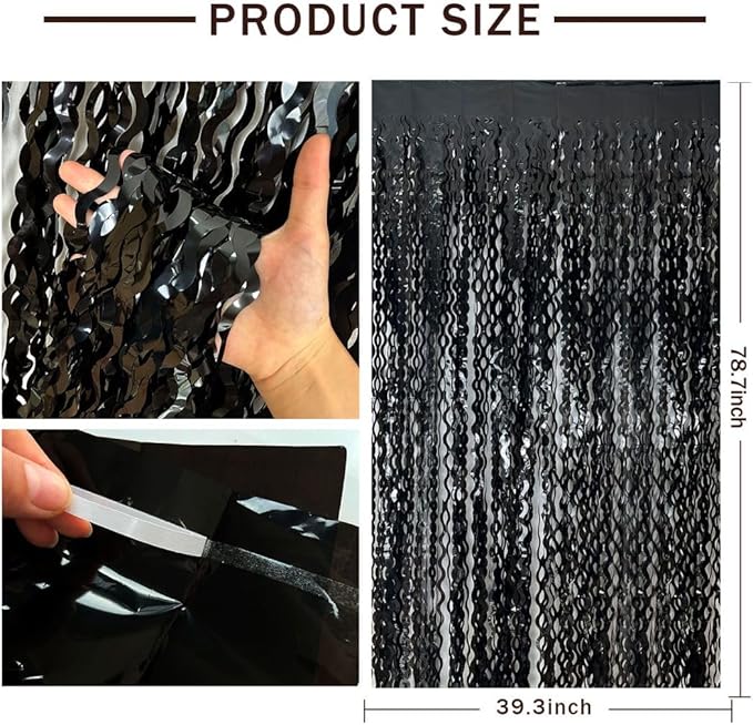 Black Backdrop for Party Decorations, Wave Foil Fringe Curtain Tinsel Photo Backdrop Black Streamers Tinsel Curtain for Birthday Wedding Bachelorette Christmas Celebration Party Decorations