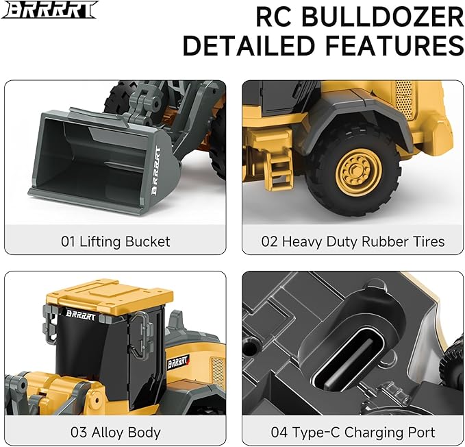 BRRRRT 1/64 RC Bulldozer Toy,Full Functional RC Construction Vehicles,Type-C Direct Charging Alloy Remote Control Bulldozer,Birthday Gifts for Boys and Girls Age 3+