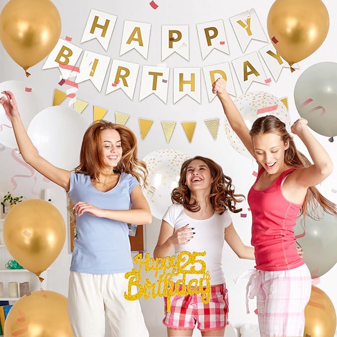 25th Happy Birthday Decorations, Sand White Birthday Decorations With Cream White 25 Number Balloons Beige Latex Helium Balloon Champagne Fringe Curtain Cake Topper Banner For 25th Party Supplies
