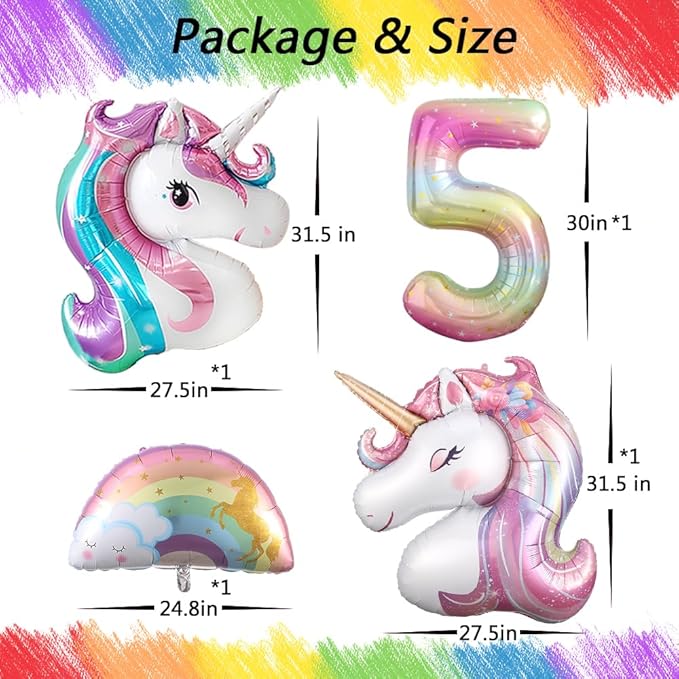 Unicorn 5th Birthday Party Decorations for Girl Purple Pink Theme Balloon Set, Large Rainbow Unicorn Helium Balloons with Heart and Star Baby Shower Kids Supplies (number 5 set)