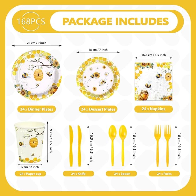 168Pcs Bee Birthday Party Decorations Bumble Bee Party Supplies Include Plates, Cups, Napkins, Forks,Honey Bees Tableware Sets for Girls Boys Baby Shower Gender Reveal Bees Day Decorations Serves 24 ﻿