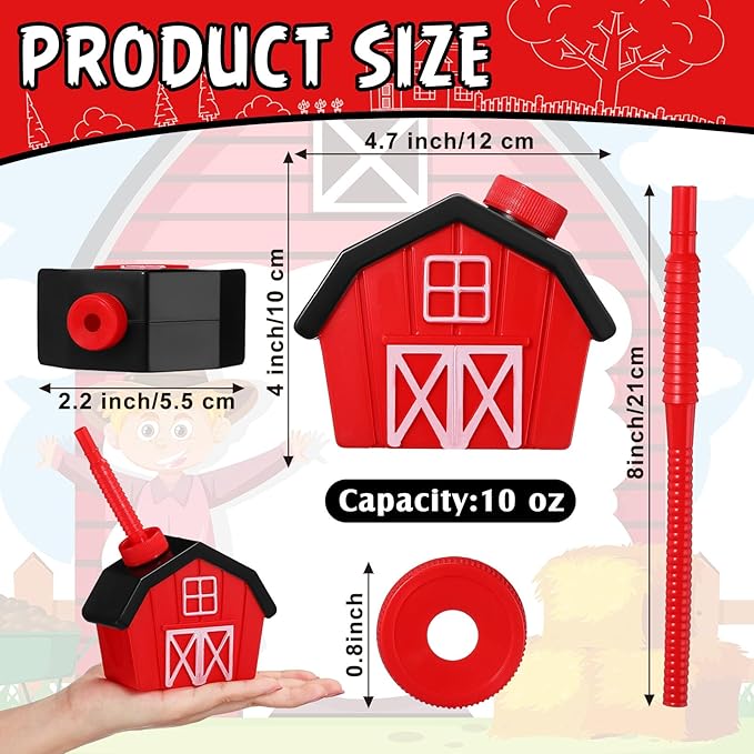 Tanlade 12 Pcs Farmhouse Cups with Lids and Straws, 10 oz Toy Farmhouse Cups for Farm Birthday Party, Barnyard Animals Party, Baby Shower Farm Animals Themed Party Decorations Supplies Favor (Red)