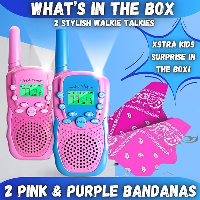Waka Waka Walkie Talkies for Kids (2 Pack, Pink and Light Blue) — Long Range Two-Way Walkie Talkie Set with Bandanas and Whistles Included — Great for Indoor or Outdoor Play — Gift for Boys and Girls