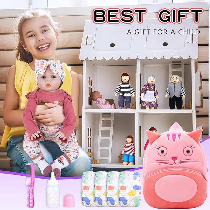 11Pcs Reborn Baby Doll Clothes 17-22 Inch Girl Floral Reborn Doll Clothes with Backpack Newborn Baby Outfits Diapers Bag & Fedding Bottle, Pretend Play Doll Accessories Set
