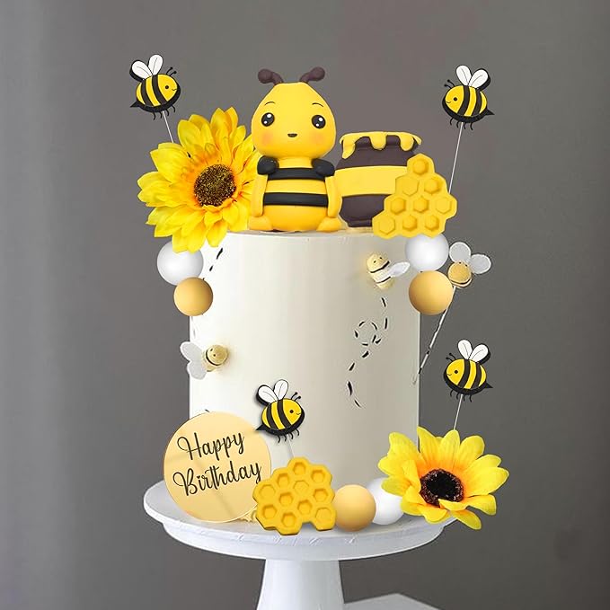 17 PCS Bee Cake Topper Happy bee day Cake Topper Honeycomb Sunflower Cake Decoration for Honeycomb Theme Birthday Party Supplies