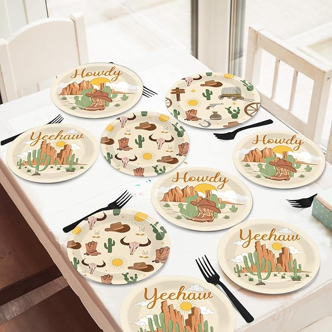 CHUNNIN 48Pcs Western Cowboy Rodeo Party Paper Plates for Wild West Theme Party Supplies 7" Howdy Cowgirl Yeehaw Birthday Party Disposable Plates for Baby Shower Favors Party Decorations