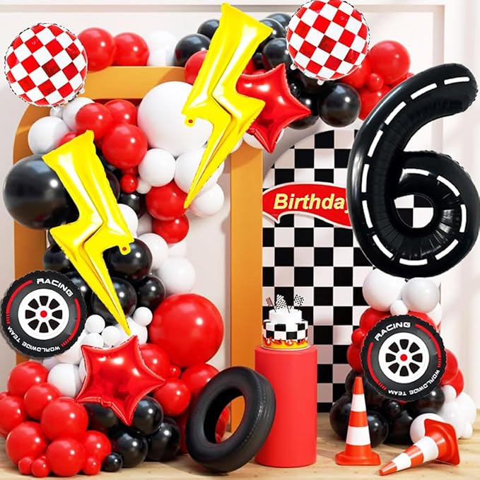 Race Car Birthday Party Decorations Large Lightning Bolt Foil Balloons Race Car Balloons 40 Inch Racetrack Number 6 Balloon for Boys 6th Race Car Birthday Party Decor Supplies