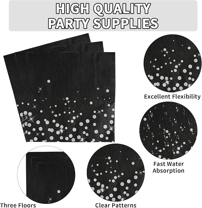 Grencian 96Pcs Black and Silver Party Decorations White Silver Dot on Black Paper Plates Disposable Birthday Paper Tableware Set for Birthday Retirement Wedding Party Supplies, Serve 24