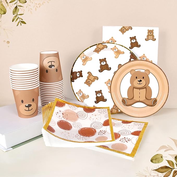 Brown Teddy Bear Baby Shower Plates - Teddy Bear Paper Plates,Disposable Cups,Napkin with Firework Pattern in Golden Border for 24 Bear Theme Party Supplies ,Baby Shower Wedding Birthday Party