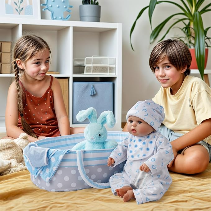 BABESIDE 8 Pcs Reborn Baby Doll Clothes with Bassinet for 17-22 Inch Babydolls, Reborn Baby Doll Accessories fit Dolls, Babydolls Clothes for Realistic Dolls,Toy Gift for Boys Girls