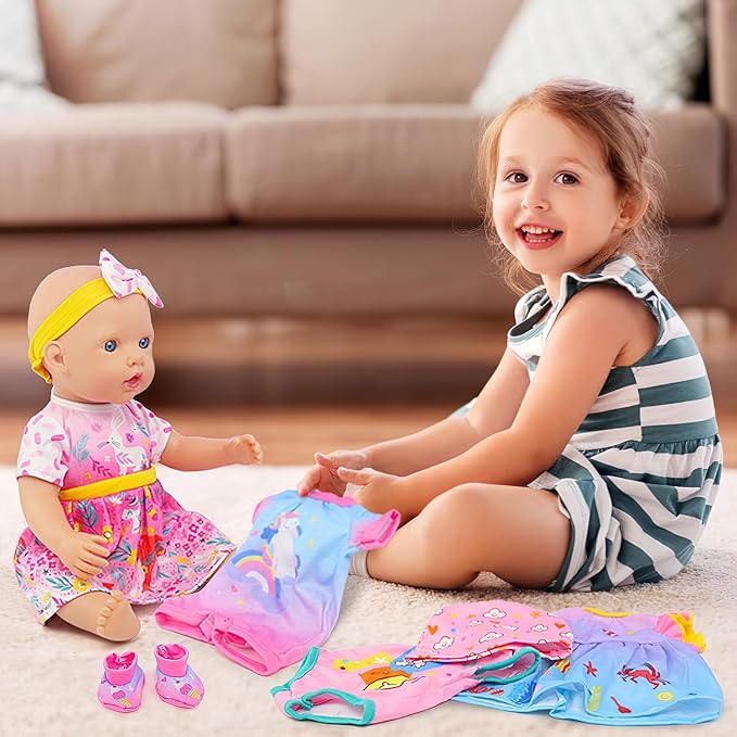 4 Set Doll Clothes, Baby Doll Clothes for 14 -16 Inch, 18 Inch Girl Doll Clothes Outfits and Accessories 7 Pcs Include Jumpsuit, Dresses, Headbands, Hats, Shoes (No Dolls)