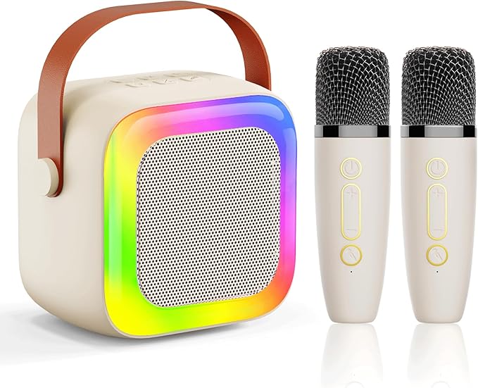 Mini Karaoke Machine for Kids Teen Adults, Kids Karaoke Machine with 2 Wireless Microphones and LED Lights Toys for Party, Home, Gifts for 4 5 6 7 8 9 10 11 12+ Years Girls Boys(Beige)