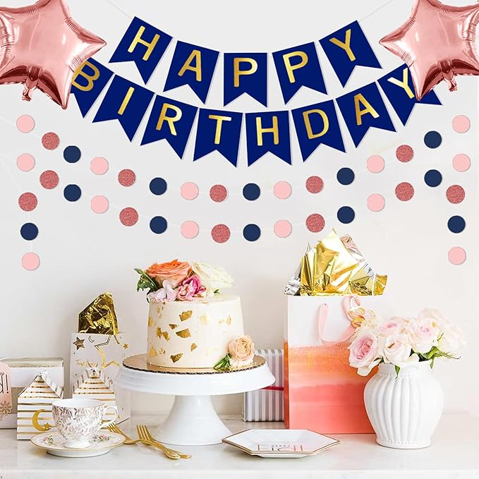 Navy Blue Rose Gold Happy Birthday Decorations Kit, Rose Gold Balloons Birthday Party Supplies for Women Girls Men, Happy Birthday Banner, Circle Dot Garland, Fringe Curtains, Latex Confetti Balloons