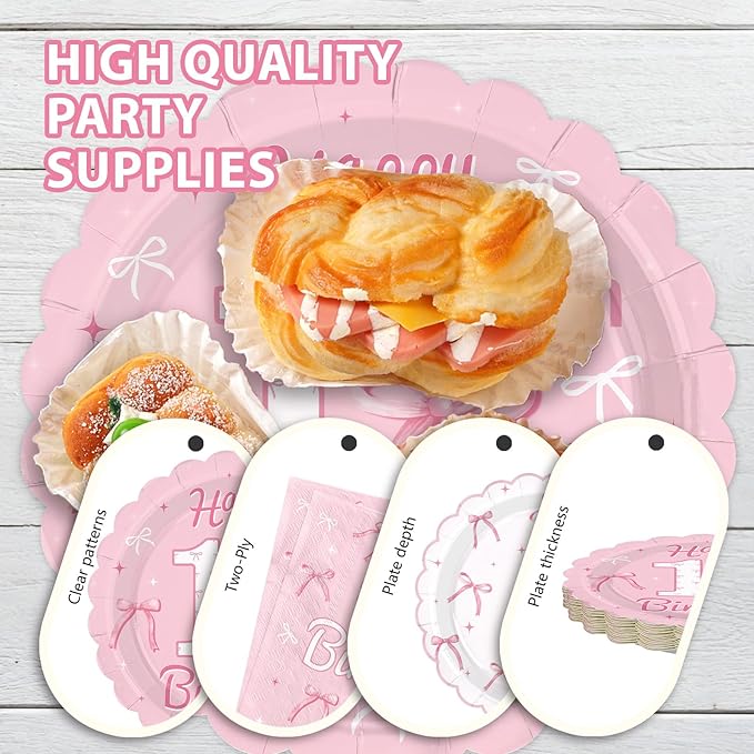 96Pcs Pink Bow Party Supplies Coquette 17th Birthday Party Plates and Napkins Disposable Bow Themed Tableware Set for Girl Happy 17th Birthday Baby Shower Decorations, Serves 24