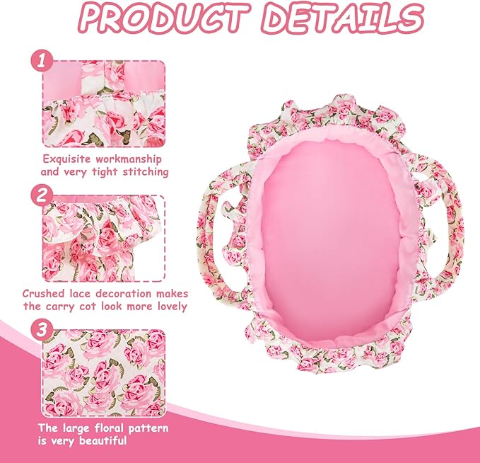 Doll Carry Cot Set, Soft 3PC Set Includes Cot, Mattress and Pillow, Pink Flower Doll Bassinet, Fits for 10-12 Inch American Girl Dolls