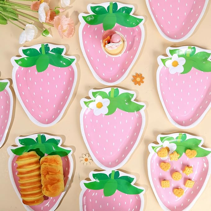 50 Count Strawberry Party Paper Plates Pink Strawberry Theme Shortcake Dessert Cake Disposable Plates for Party Birthday Parties Weddings Baby Showers Decorations Supplies